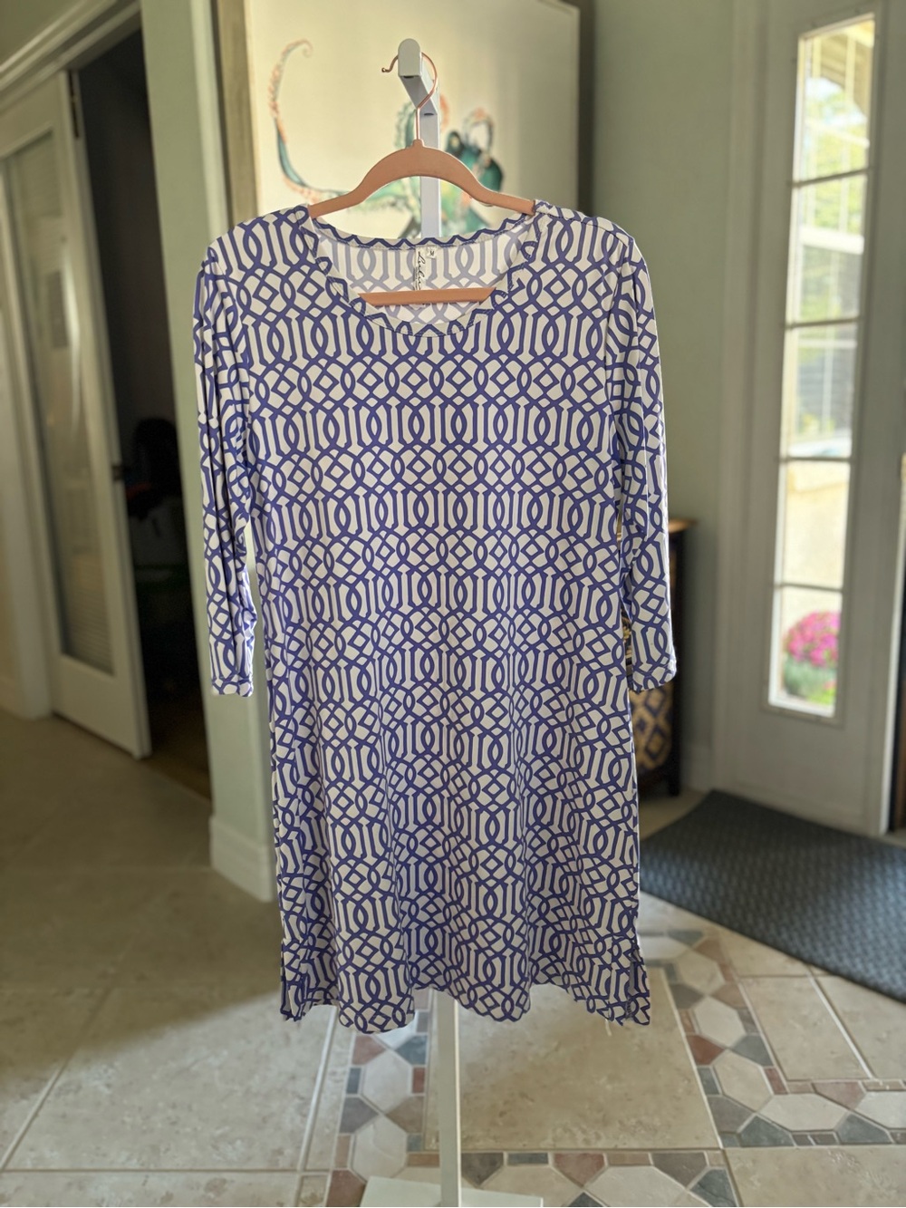 #078 Lulu-B Blue and White Geometric SPF Dress
